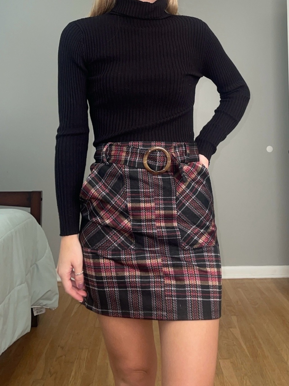 Plaid Belted Pencil Mini Skirt in Black and Burgundy